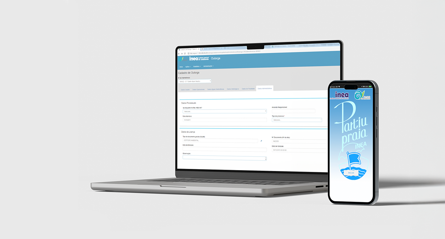 Desenvolvimento de UX para sistema interno de licenciamento ambiental do INEA e app mobile Partiu Praia, em laptop e celular