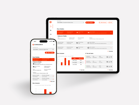 UX para plataforma web e app Supergasbras, com painel de pedidos, nível de tanque e histórico de consumo