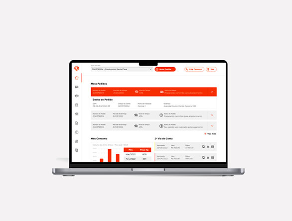 UX para plataforma web Supergasbras, com painel de pedidos, gráfico de consumo e emissão de 2ª via de conta