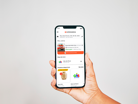 UX para app mobile Pedir Gás, com telas de detalhes do pedido, home e finalização de compra