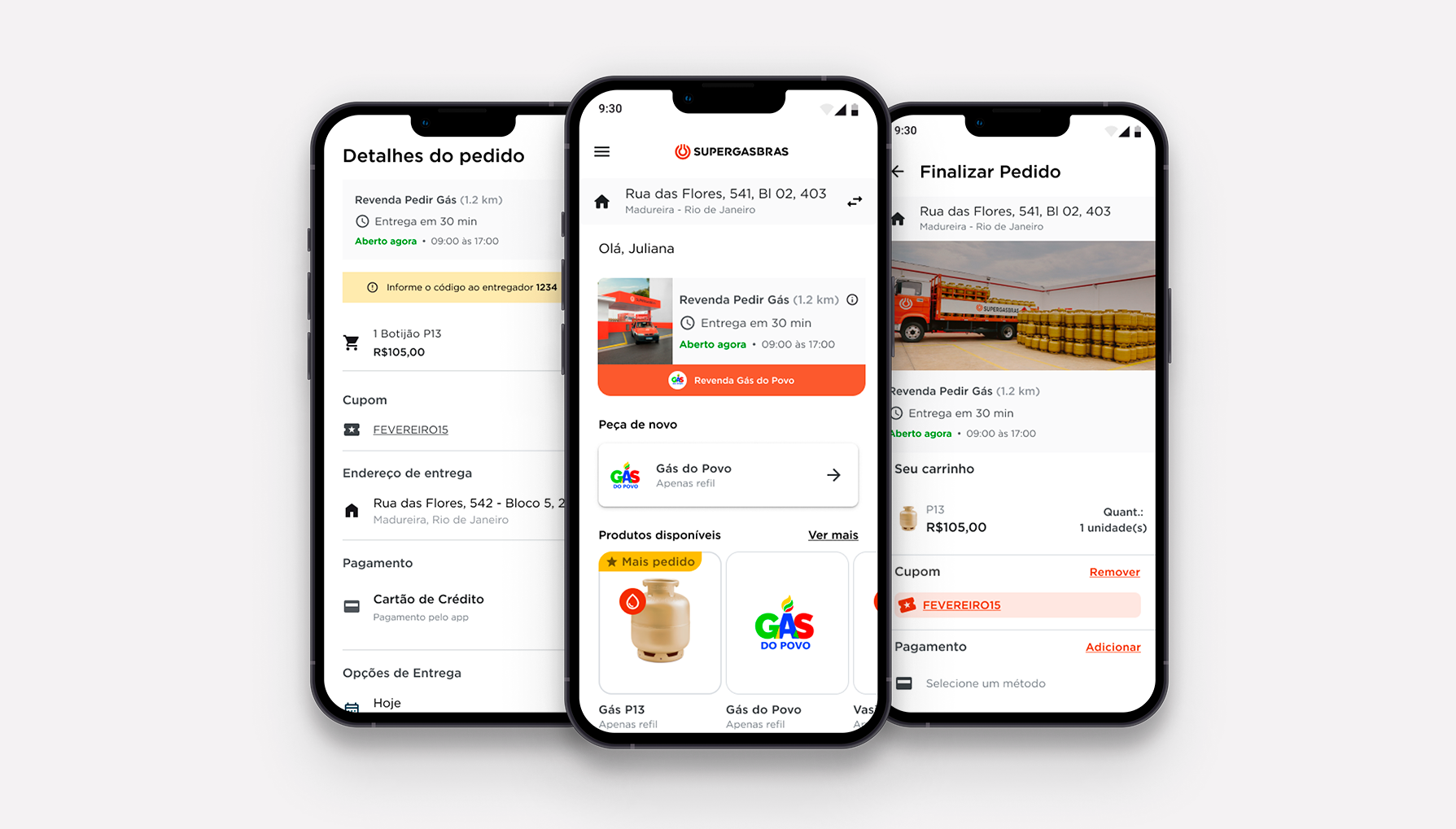 UX para app mobile Pedir Gás, com telas de detalhes do pedido, home e finalização de compra