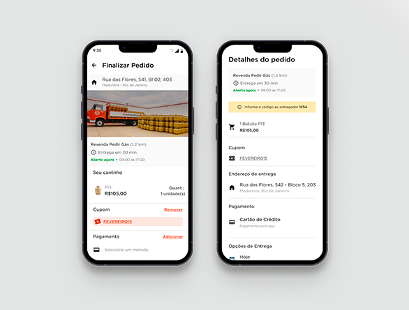UX para app mobile Pedir Gás, com telas de checkout e detalhes do pedido de entrega de gás