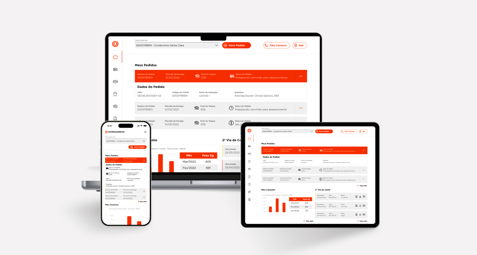 UX para plataforma web e app Supergasbras, com painel de acompanhamento de pedidos e consumo em múltiplos dispositivos