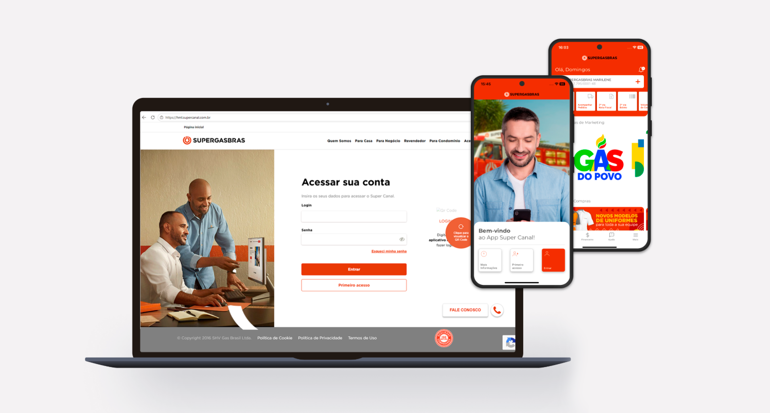 Desenvolvimento de UX para app mobile e portal web Super Canal, com tela de login, boas-vindas e área de campanhas