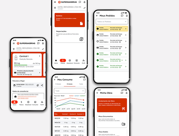 UX para app mobile Supergestão, com telas de boletos, meus pedidos, consumo e andamento da obra