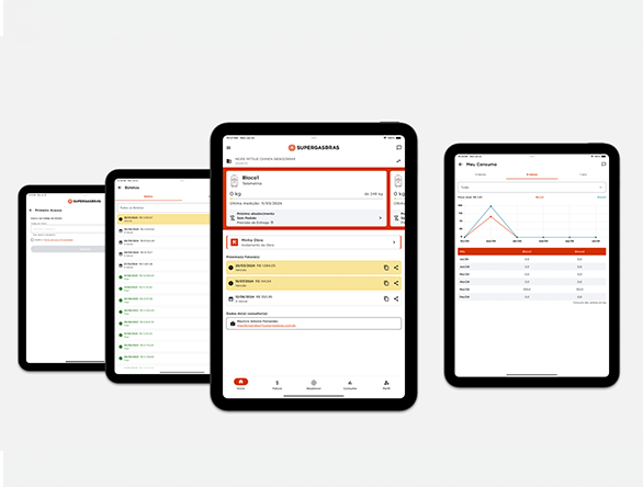 UX para app Supergestão, com telas de medição remota de gás, boletos e histórico de consumo