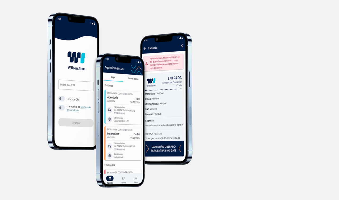 Desenvolvimento de aplicativo Meu Tecon da Wilson Sons, com UX para login, agendamentos e liberação de caminhão via API de integração