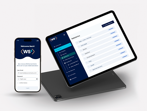 UX e desenvolvimento da plataforma web WS3 da Wilson Sons: painel de relatórios de commodities e tela de login
